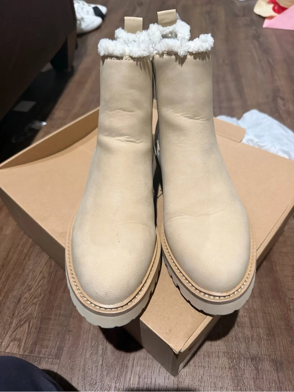 J. Crew Cream Chelsea Lug Ankle Boots with Faux Shearling Trim - Picture 2 of 6